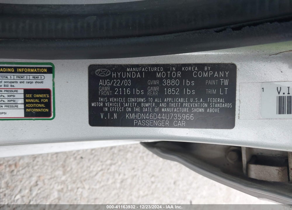 2004 HYUNDAI ELANTRA GLS/GT VIN: KMHDN46D44U735966