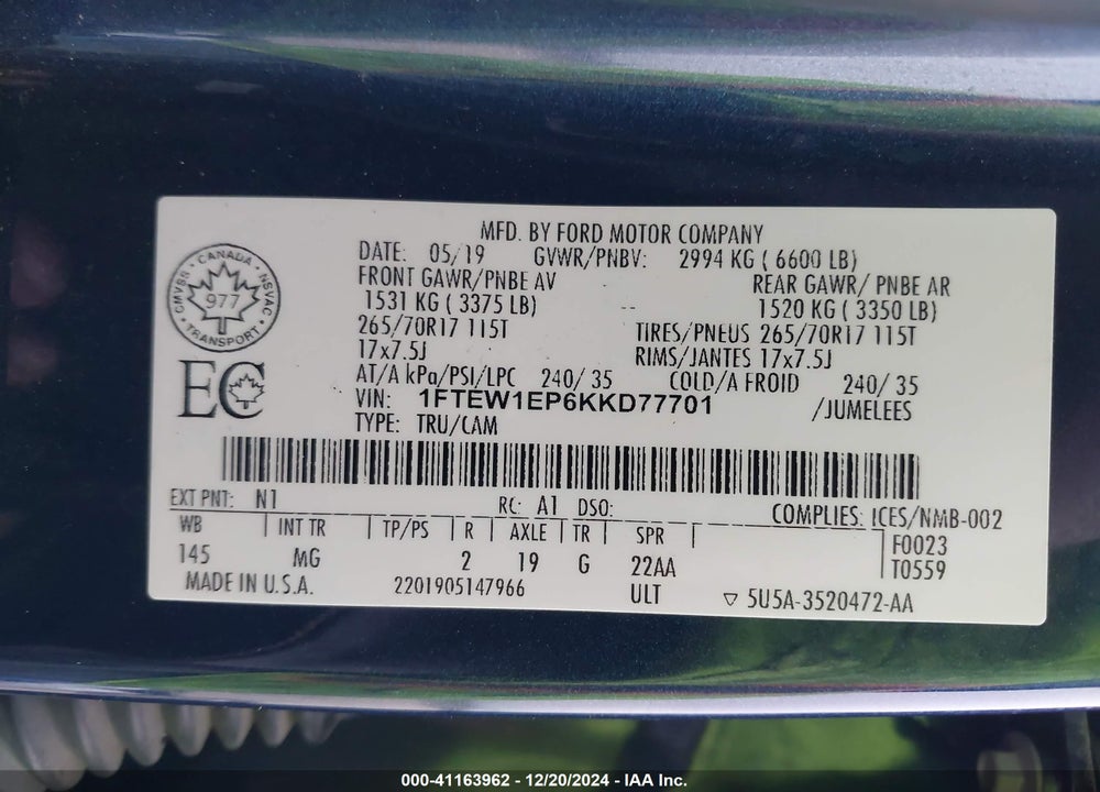 2019 FORD F-150 VIN: 1FTEW1EP6KKD77701