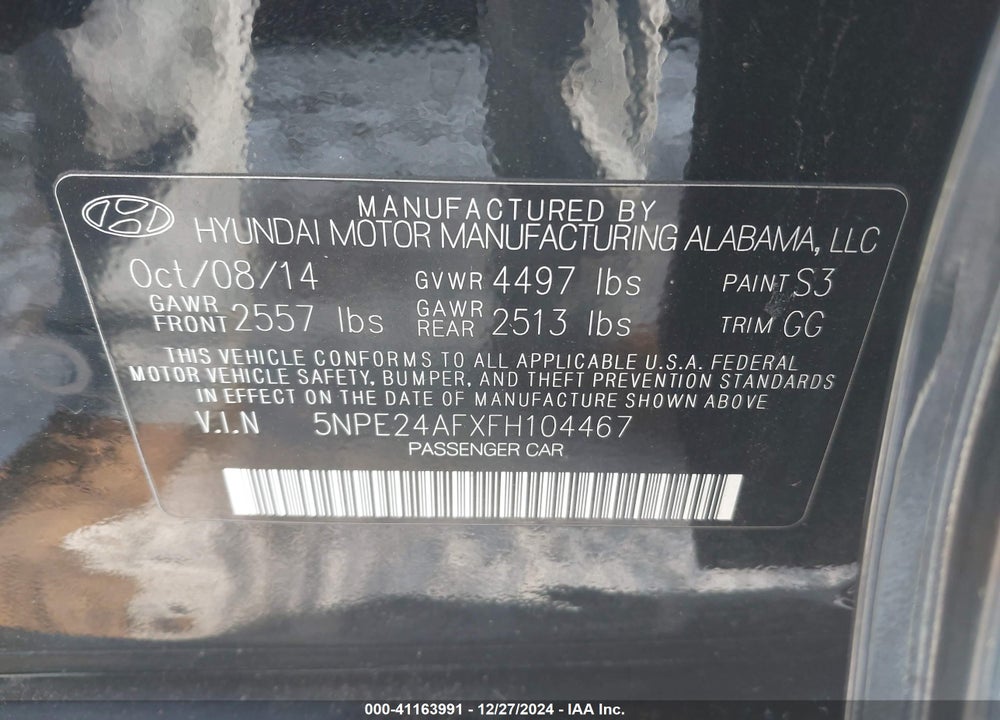 2015 HYUNDAI SONATA SE VIN: 5NPE24AFXFH104467