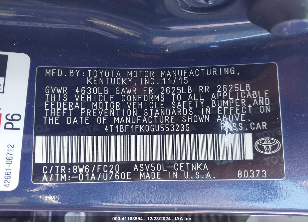 2016 TOYOTA CAMRY LE VIN: 4T1BF1FK0GU553235