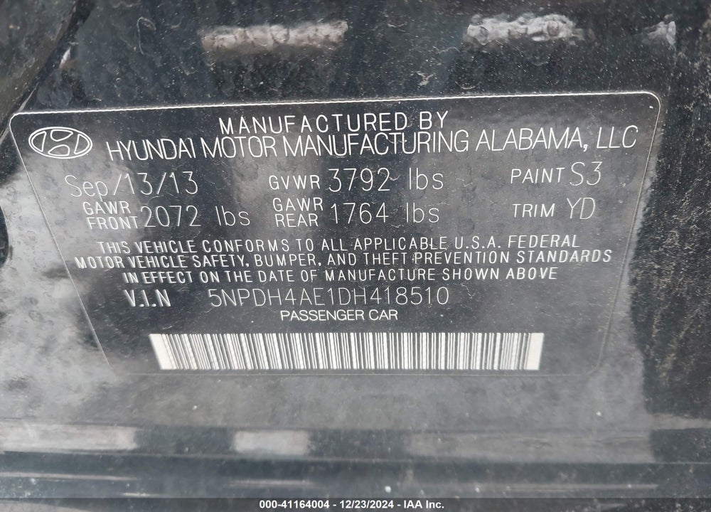 2013 HYUNDAI ELANTRA GLS VIN: 5NPDH4AE1DH418510