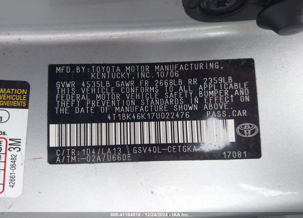2007 TOYOTA CAMRY XLE V6 VIN: 4T1BK46K17U022476
