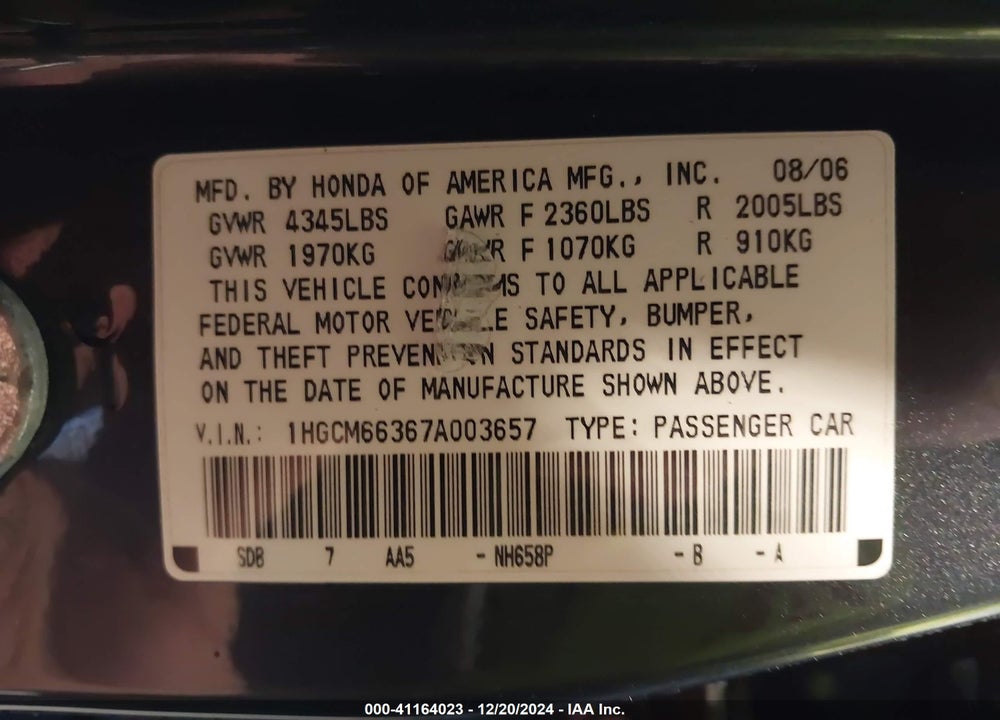 2007 HONDA ACCORD 3.0 LX VIN: 1HGCM66367A003657