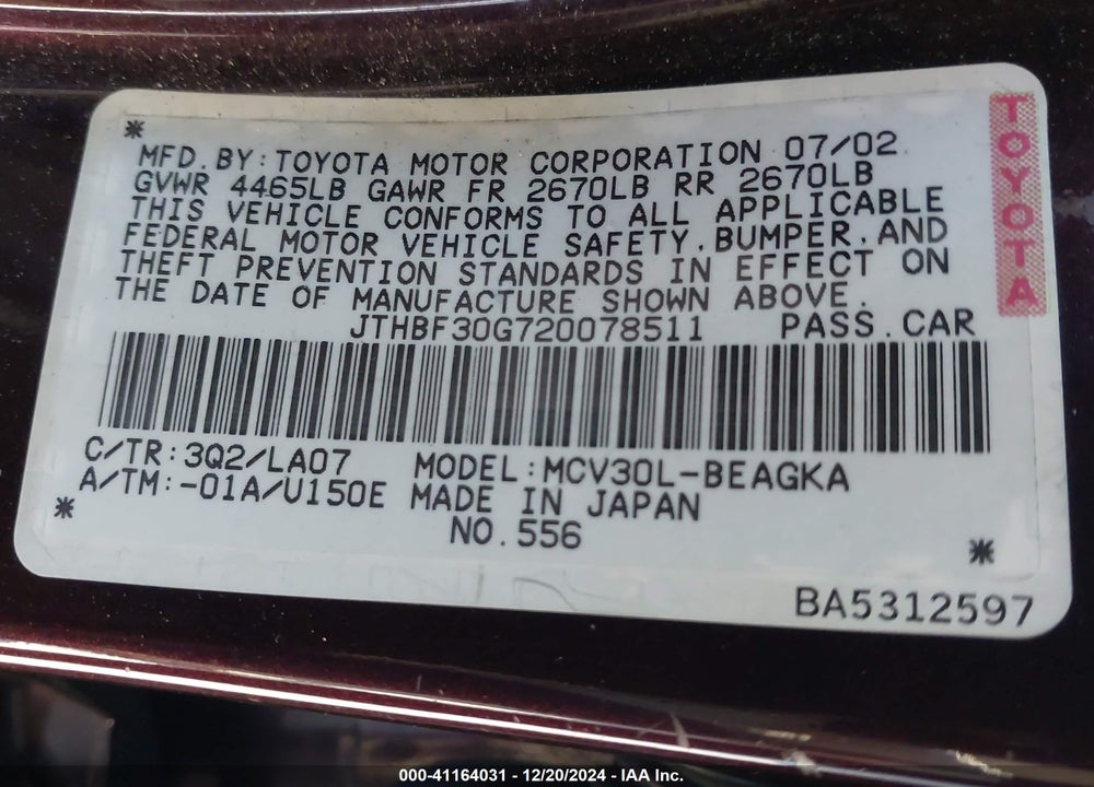 2002 LEXUS ES 300 VIN: JTHBF30G720078511