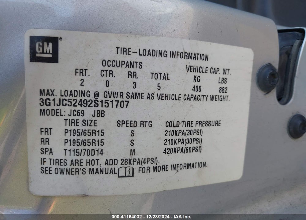 2002 CHEVROLET CAVALIER VIN: 3G1JC52492S151707