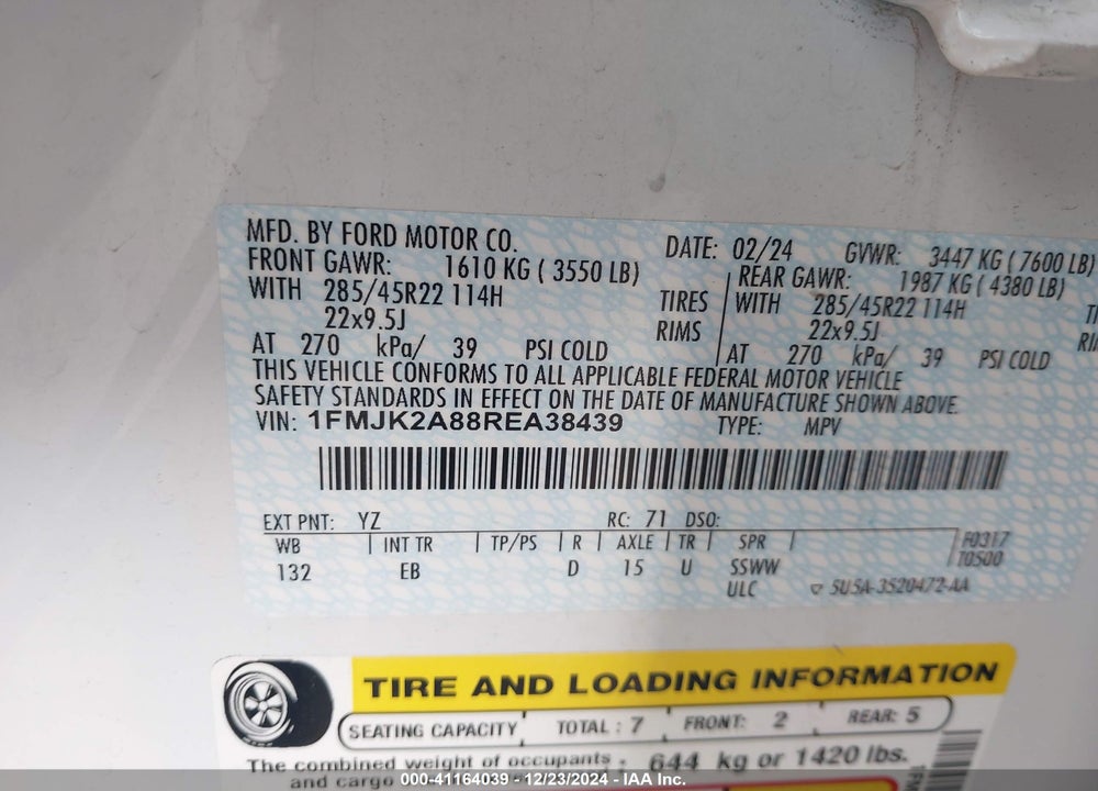 2024 FORD EXPEDITION LIMITED MAX VIN: 1FMJK2A88REA38439