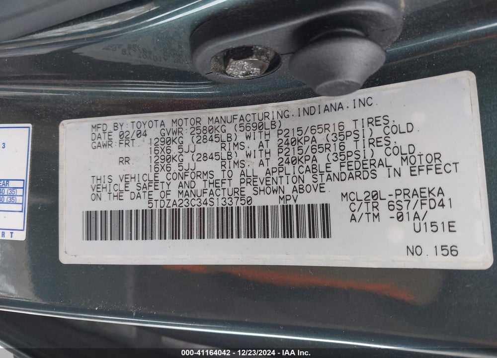 2004 TOYOTA SIENNA CE VIN: 5TDZA23C34S133750