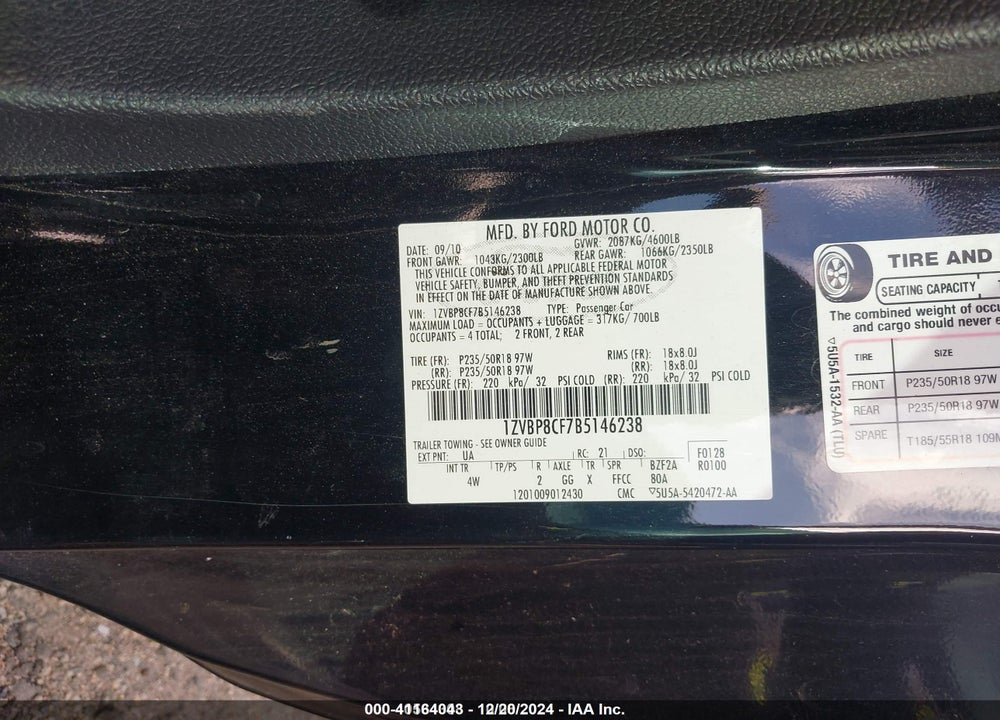 2011 FORD MUSTANG VIN: 1ZVBP8CF7B5146238