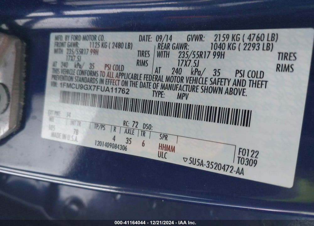 2015 FORD ESCAPE SE VIN: 1FMCU9GX7FUA11762