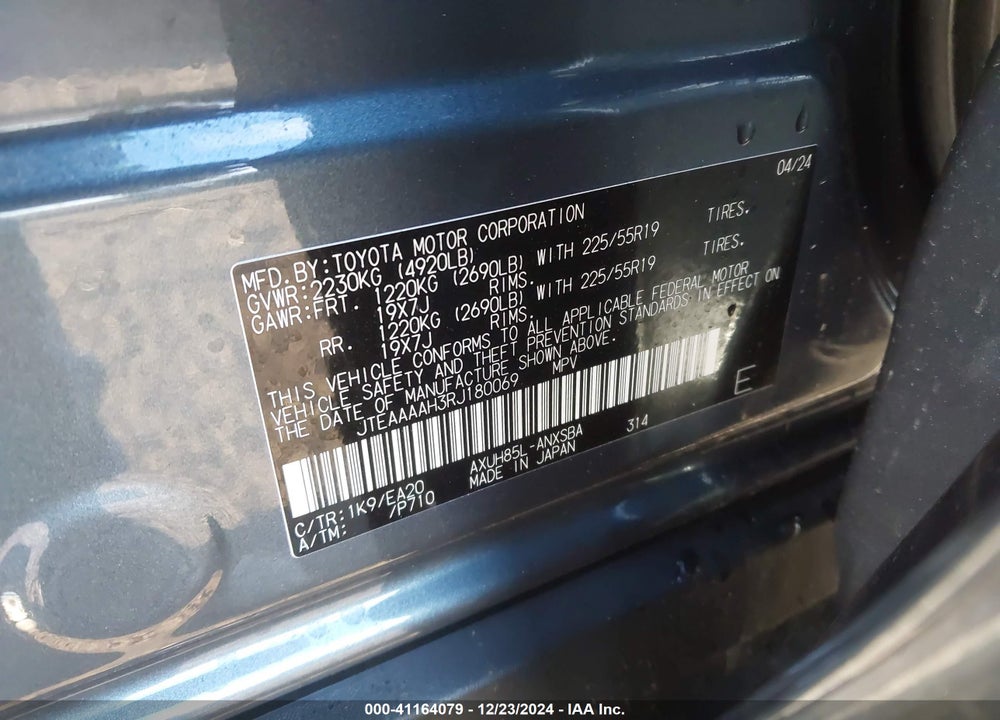 2024 TOYOTA VENZA VIN: JTEAAAAH3RJ180069
