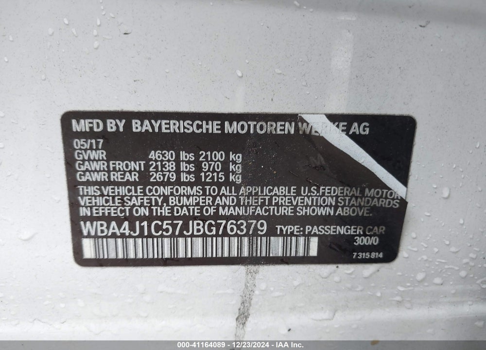 2018 BMW 430I GRAN COUPE VIN: WBA4J1C57JBG76379