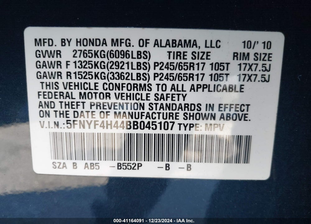 2011 HONDA PILOT EX VIN: 5FNYF4H44BB045107