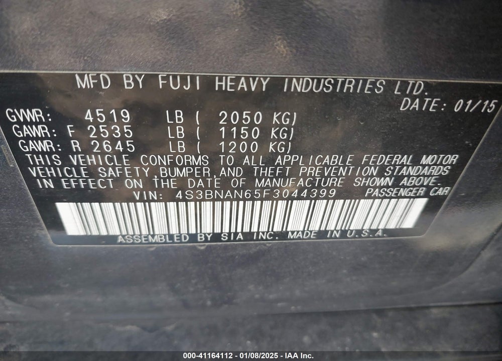 2015 SUBARU LEGACY 2.5I LIMITED VIN: 4S3BNAN65F3044399