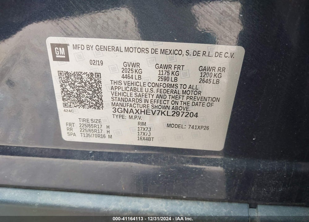 2019 CHEVROLET EQUINOX LS VIN: 3GNAXHEV7KL297204