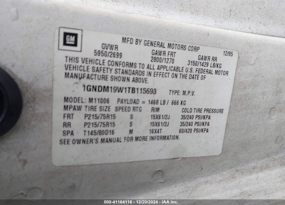 1996 CHEVROLET ASTRO VIN: 1GNDM19W1TB115693