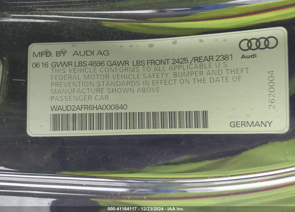 2017 AUDI A5 2.0T SPORT VIN: WAUD2AFR6HA000840