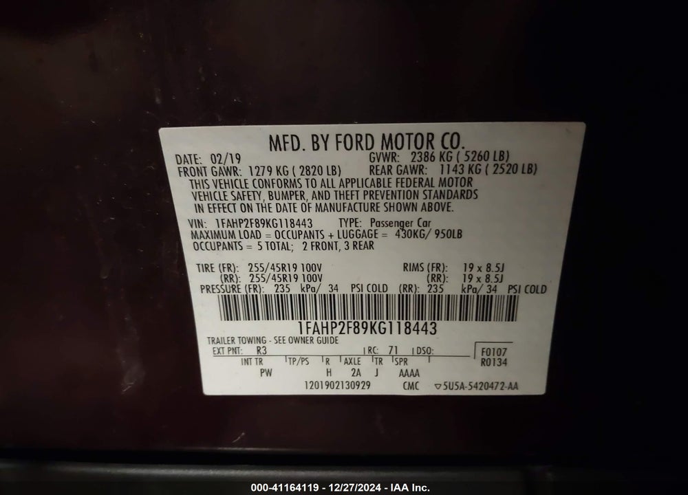 2019 FORD TAURUS LIMITED VIN: 1FAHP2F89KG118443