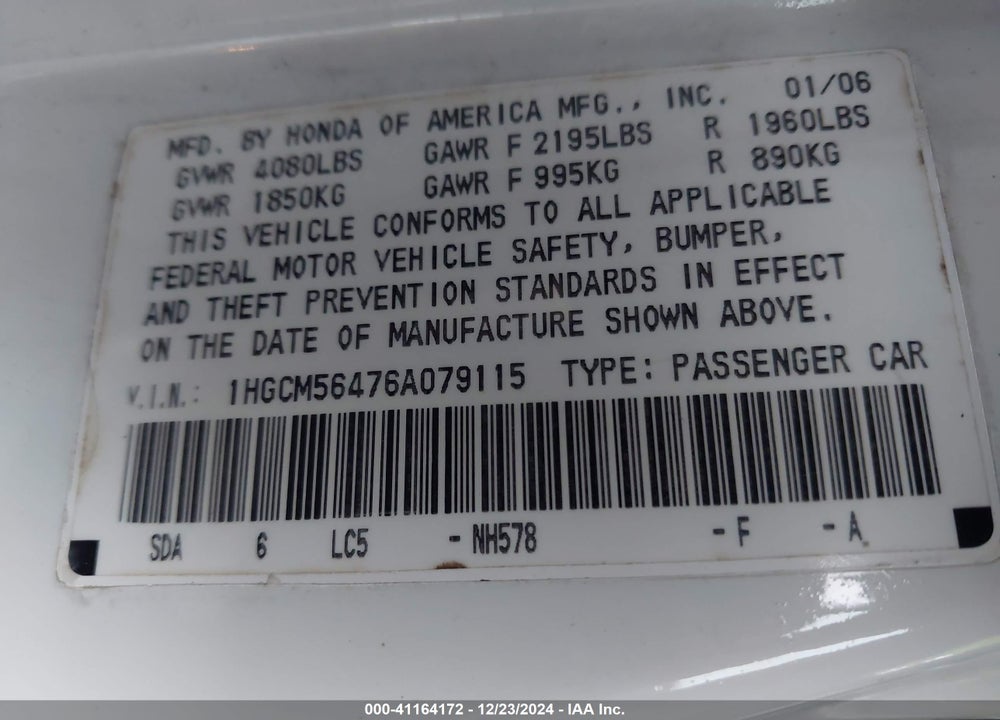 2006 HONDA ACCORD 2.4 LX VIN: 1HGCM56476A079115