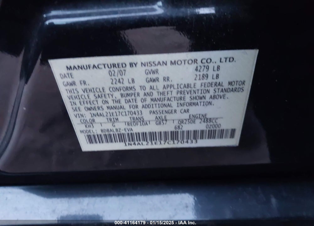 2007 NISSAN ALTIMA 2.5 S VIN: 1N4AL21E17C170433