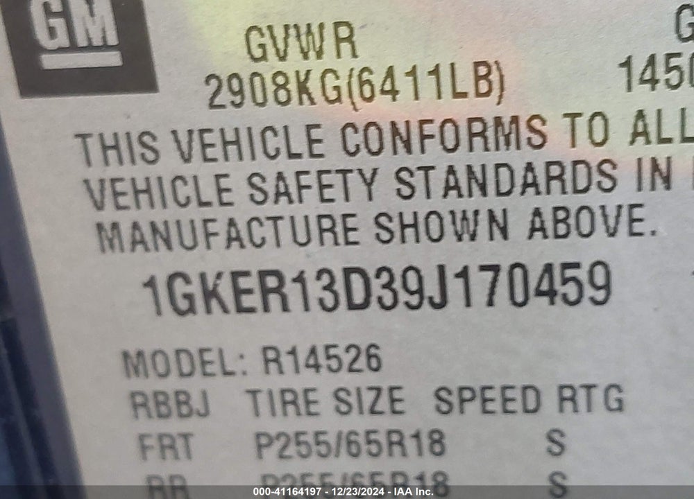 2009 GMC ACADIA SLE-1 VIN: 1GKER13D39J170459