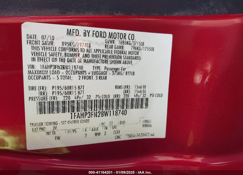 2011 FORD FOCUS VIN: 1FAHP3FN2BW118740