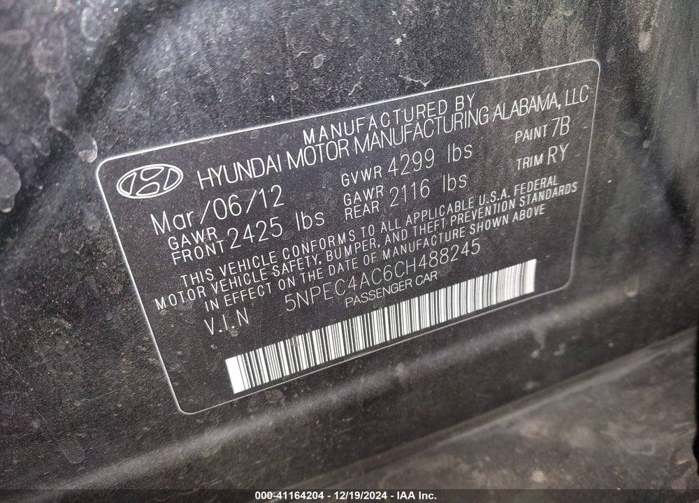 2012 HYUNDAI SONATA SE VIN: 5NPEC4AC6CH488245
