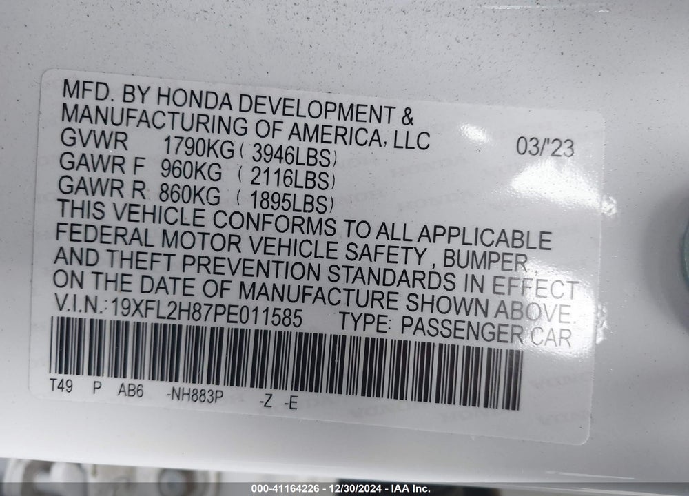 2023 HONDA CIVIC VIN: 19XFL2H87PE011585