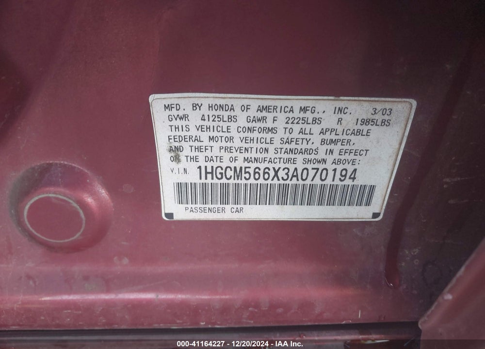 2003 HONDA ACCORD 2.4 EX VIN: 1HGCM566X3A070194