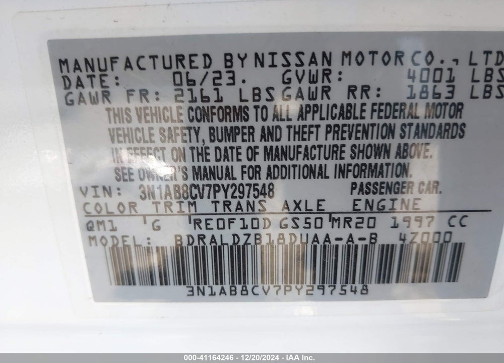 2023 NISSAN SENTRA SV XTRONIC CVT VIN: 3N1AB8CV7PY297548