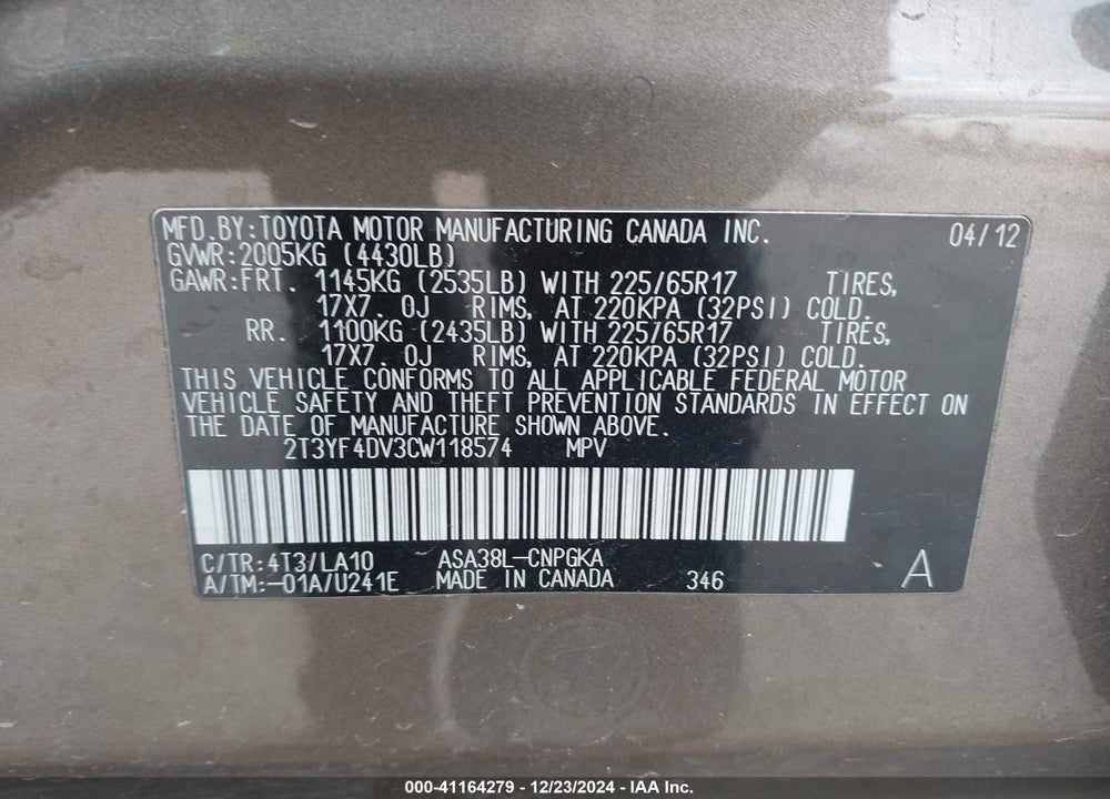 2012 TOYOTA RAV4 VIN: 2T3YF4DV3CW118574