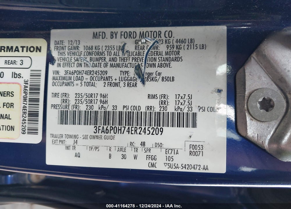 2014 FORD FUSION SE VIN: 3FA6P0H74ER245209