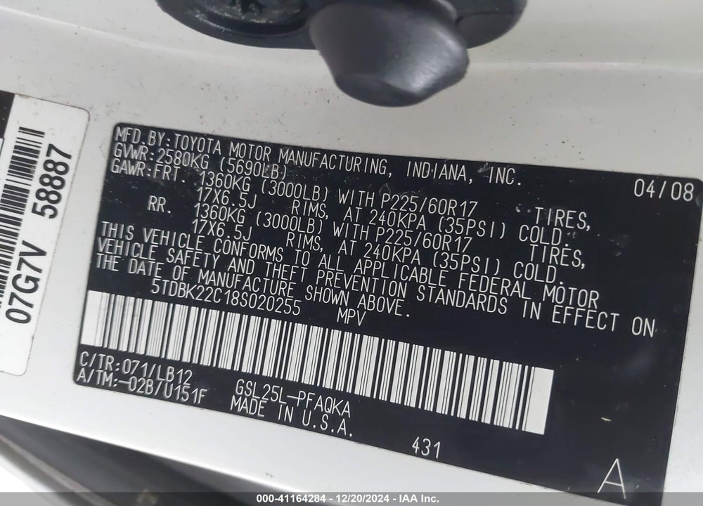 2008 TOYOTA SIENNA LIMITED VIN: 5TDBK22C18S020255
