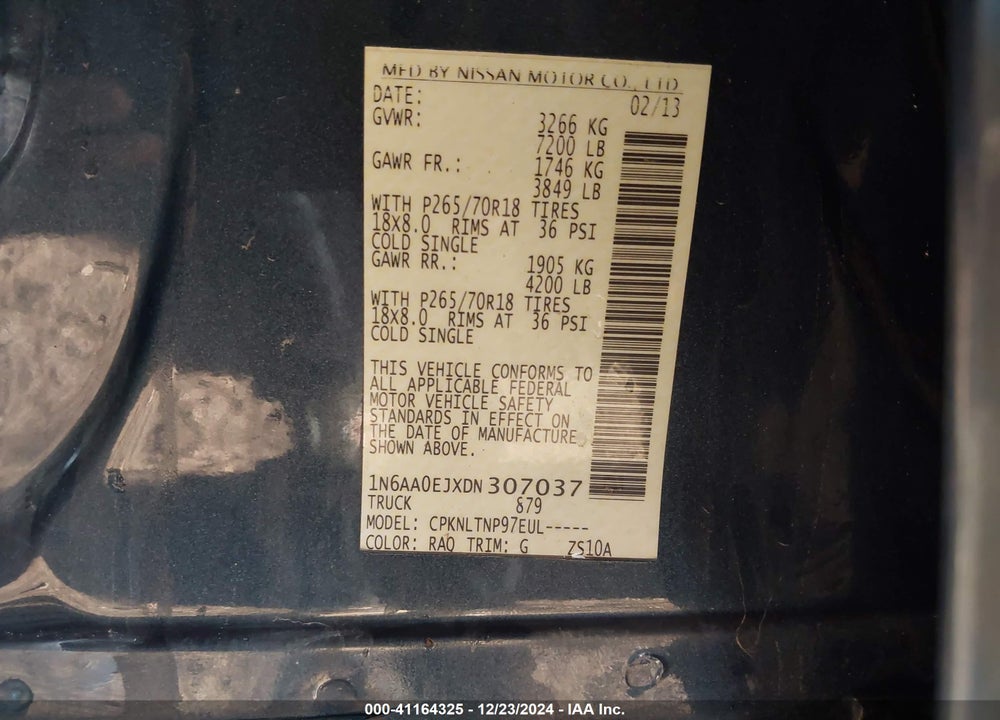 2013 NISSAN TITAN VIN: 1N6AA0EJXDN307037