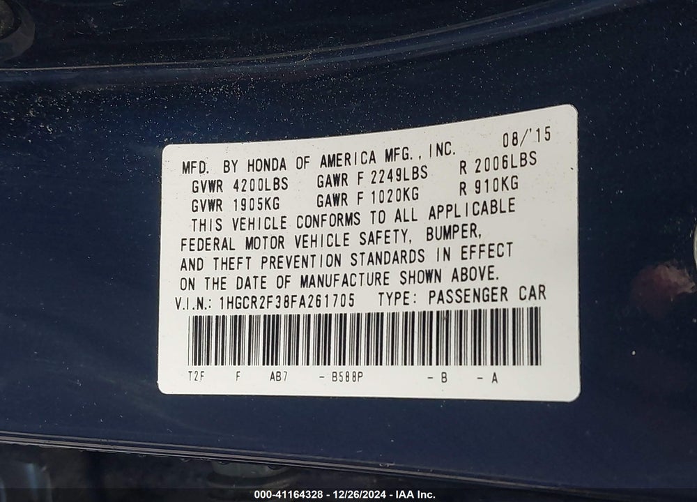 2015 HONDA ACCORD LX VIN: 1HGCR2F38FA261705