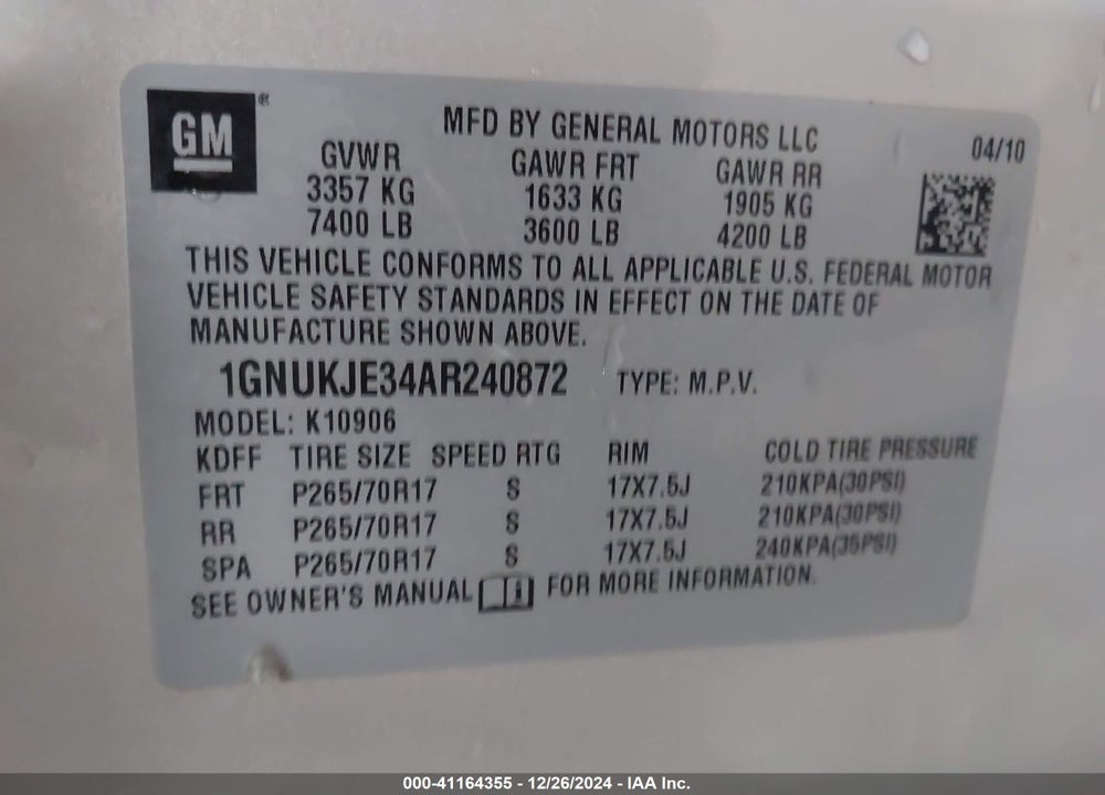 2010 CHEVROLET SUBURBAN 1500 VIN: 1GNUKJE34AR240872