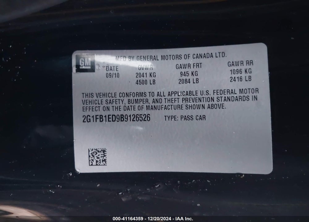 2011 CHEVROLET CAMARO 1LT VIN: 2G1FB1ED9B9126526