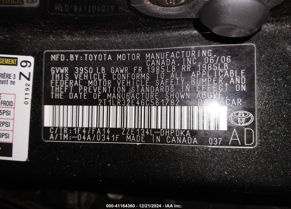 2006 TOYOTA COROLLA MATRIX VIN: 2T1LR32E46C561782