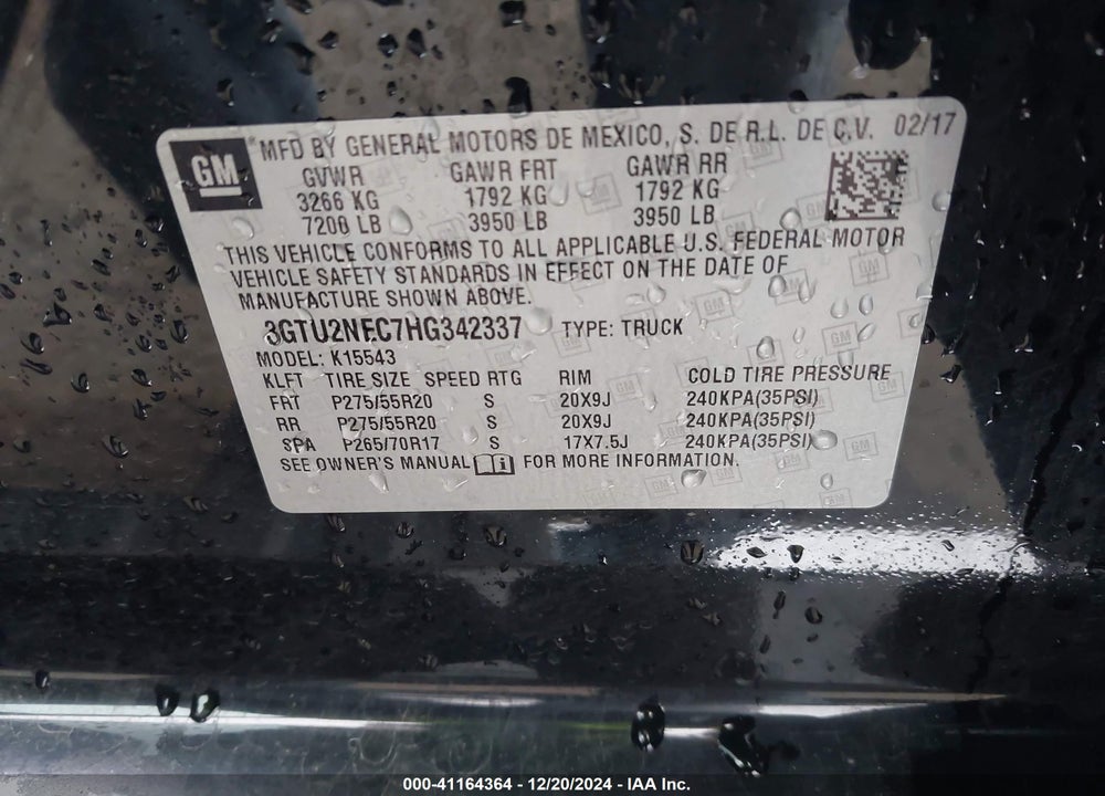 2017 GMC SIERRA 1500 SLT VIN: 3GTU2NEC7HG342337