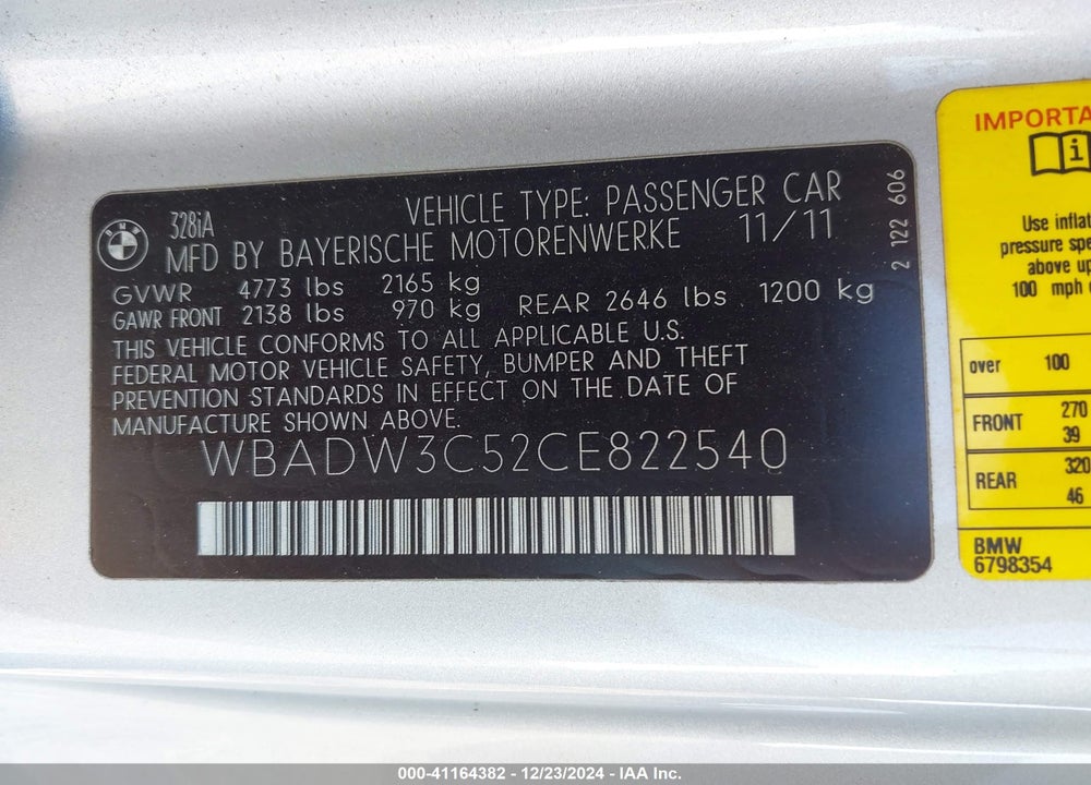 2012 BMW 3 SERIES 328I VIN: WBADW3C52CE822540