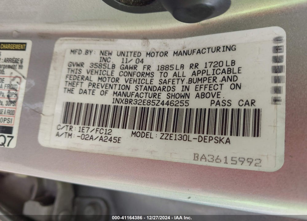 2005 TOYOTA COROLLA S VIN: 1NXBR32E85Z446255