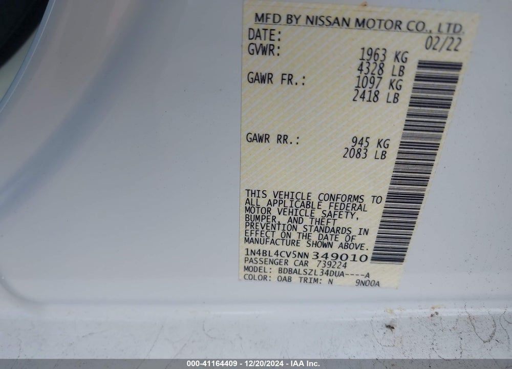 2022 NISSAN ALTIMA VIN: 1N4BL4CV5NN349010