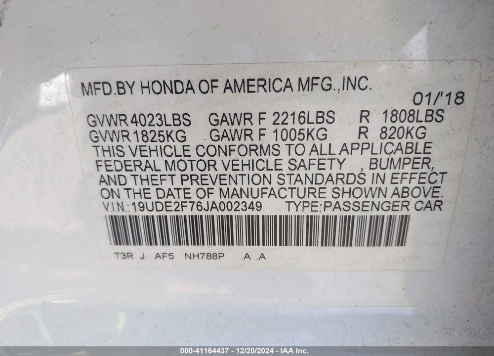 2018 ACURA ILX PREMIUM PACKAGE/TECHNOLOGY PLUS PACKAGE VIN: 19UDE2F76JA002349