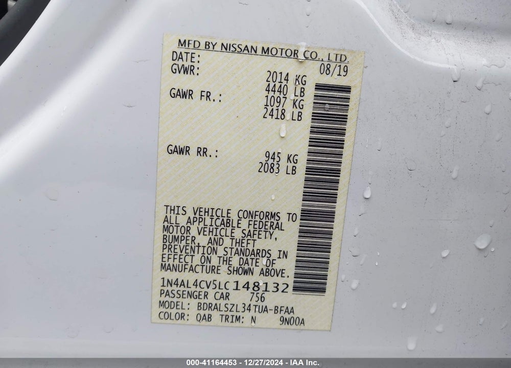 2020 NISSAN ALTIMA SR VC-TURBO FWD VIN: 1N4AL4CV5LC148132