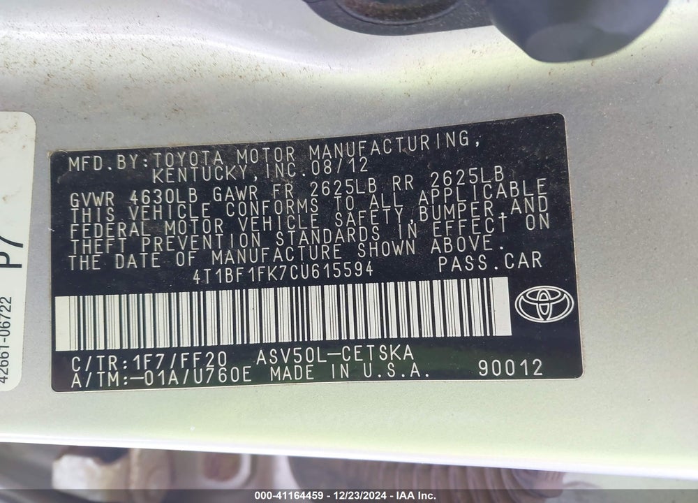 2012 TOYOTA CAMRY SE VIN: 4T1BF1FK7CU615594