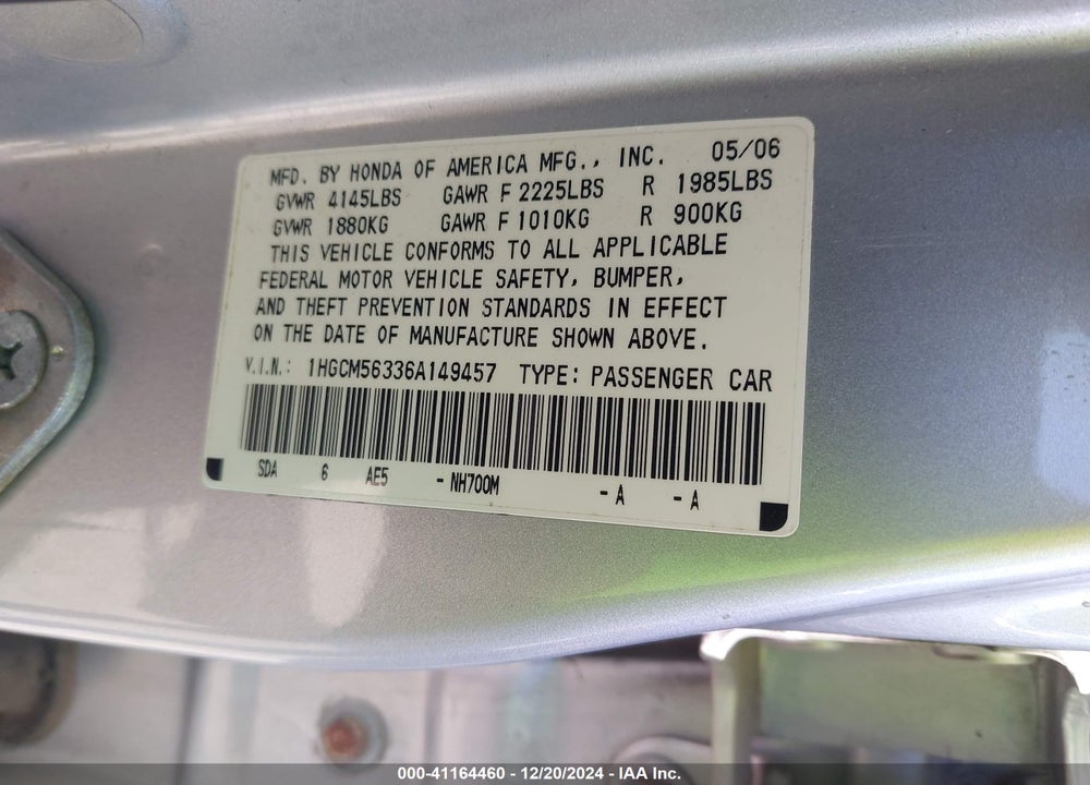 2006 HONDA ACCORD 2.4 SE VIN: 1HGCM56336A149457