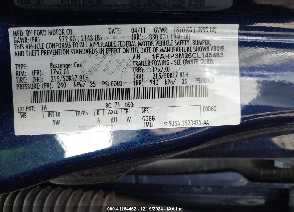 2012 FORD FOCUS SEL VIN: 1FAHP3M26CL145483