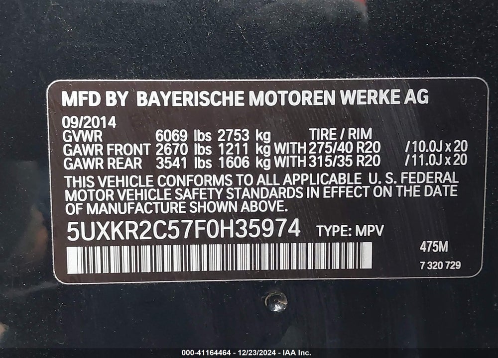 2015 BMW X5 SDRIVE35I VIN: 5UXKR2C57F0H35974