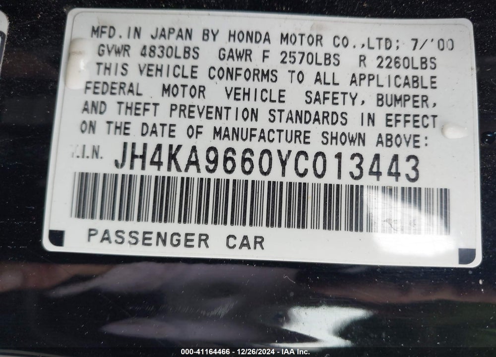 2000 ACURA RL 3.5 VIN: JH4KA9660YC013443