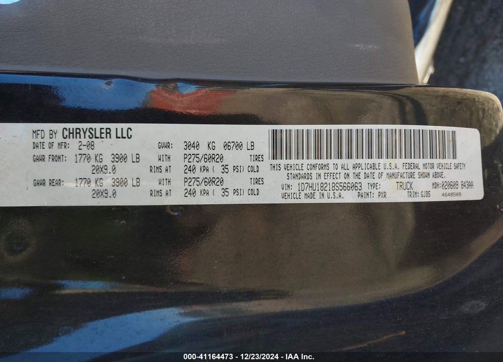 2008 DODGE RAM 1500 VIN: 1D7HU18218S566063