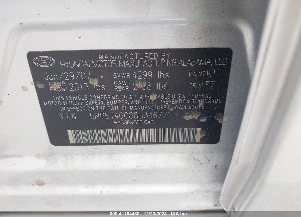 2008 HYUNDAI SONATA GLS VIN: 5NPET46C88H346771